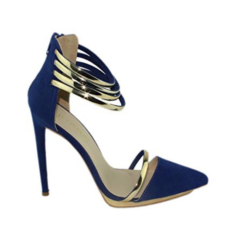 Blue Suede Stiletto Party Pumps with Gold Straps